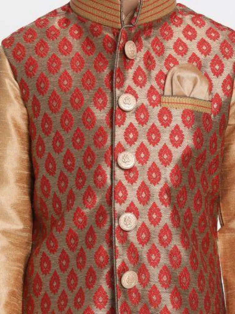 Jashvi Boys' Gold Cotton Silk Blend Kurta, Waistcoat and Pyjama Set