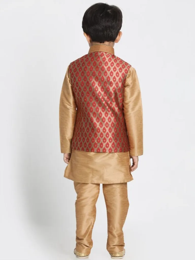 Jashvi Boys' Gold Cotton Silk Blend Kurta, Waistcoat and Pyjama Set