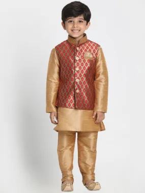 Jashvi Boys' Gold Cotton Silk Blend Kurta, Waistcoat and Pyjama Set