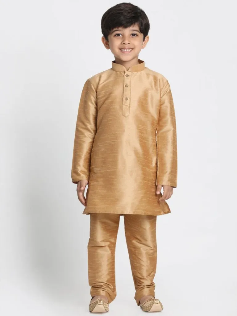 Jashvi Boys' Gold Cotton Silk Blend Kurta, Waistcoat and Pyjama Set