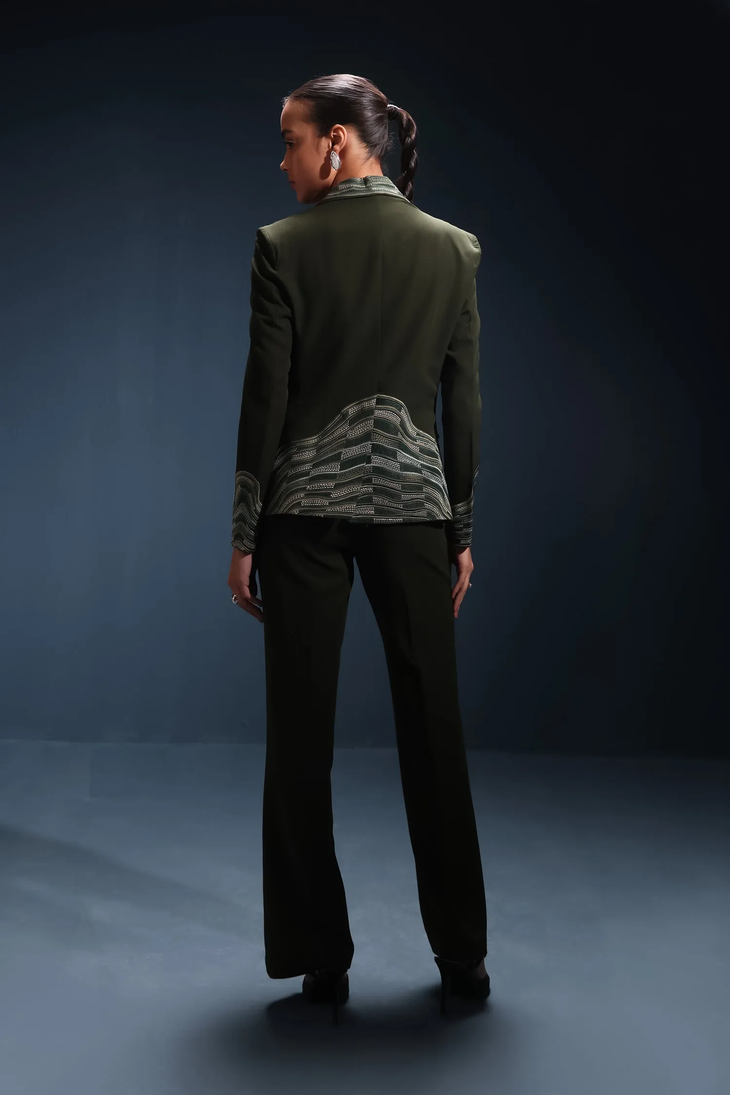 Juniper Green Wave Embroidered Blazer with Top and Pants