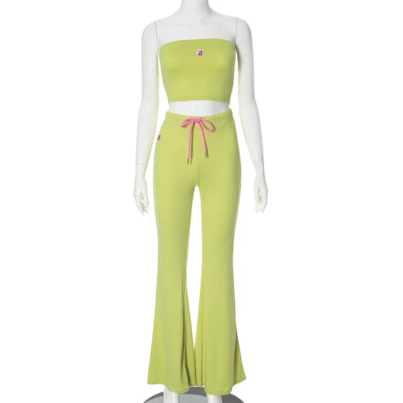 MB1002 Strapless Tube Top High Waist  Embroidery Flared Pants Two-Piece Set