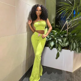 MB1002 Strapless Tube Top High Waist  Embroidery Flared Pants Two-Piece Set
