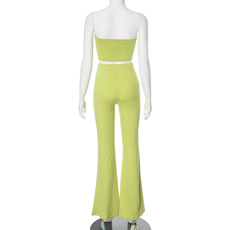 MB1002 Strapless Tube Top High Waist  Embroidery Flared Pants Two-Piece Set