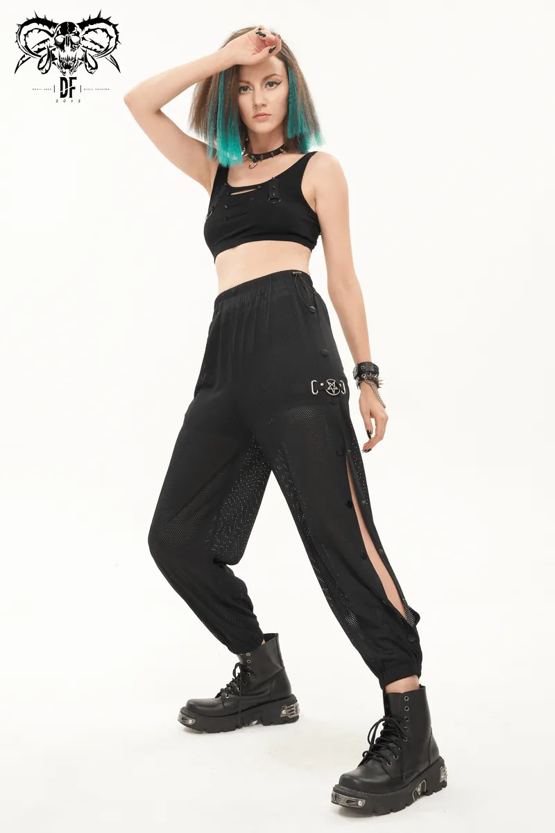 Women's Mesh Buttoned Jogger Pants / Punk Side Openings Wide Trousers