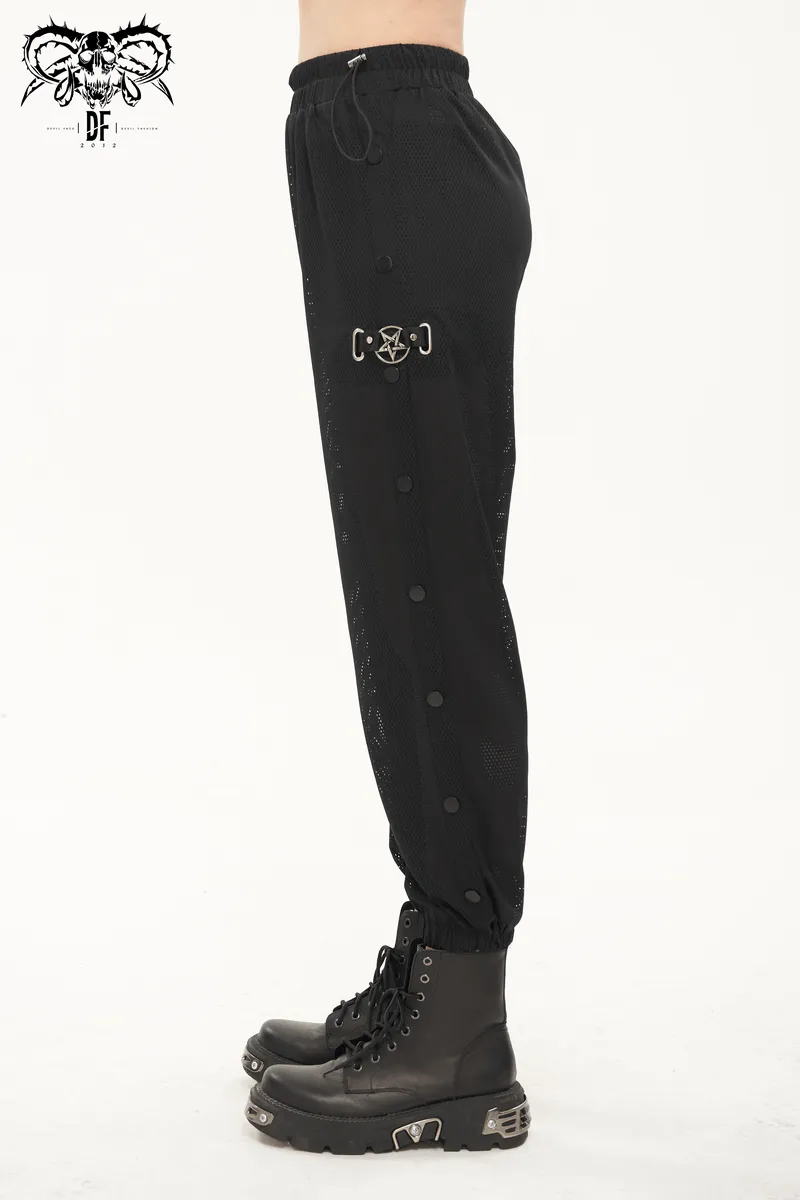 Women's Mesh Buttoned Jogger Pants / Punk Side Openings Wide Trousers
