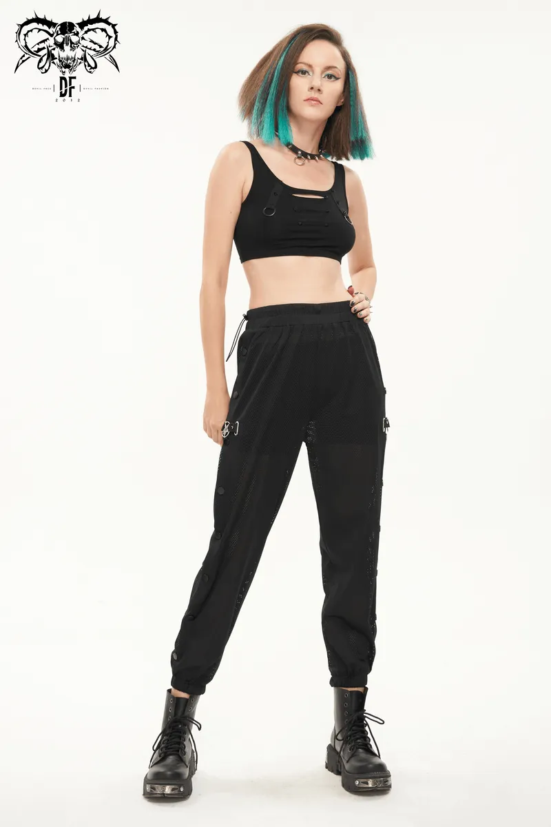 Women's Mesh Buttoned Jogger Pants / Punk Side Openings Wide Trousers