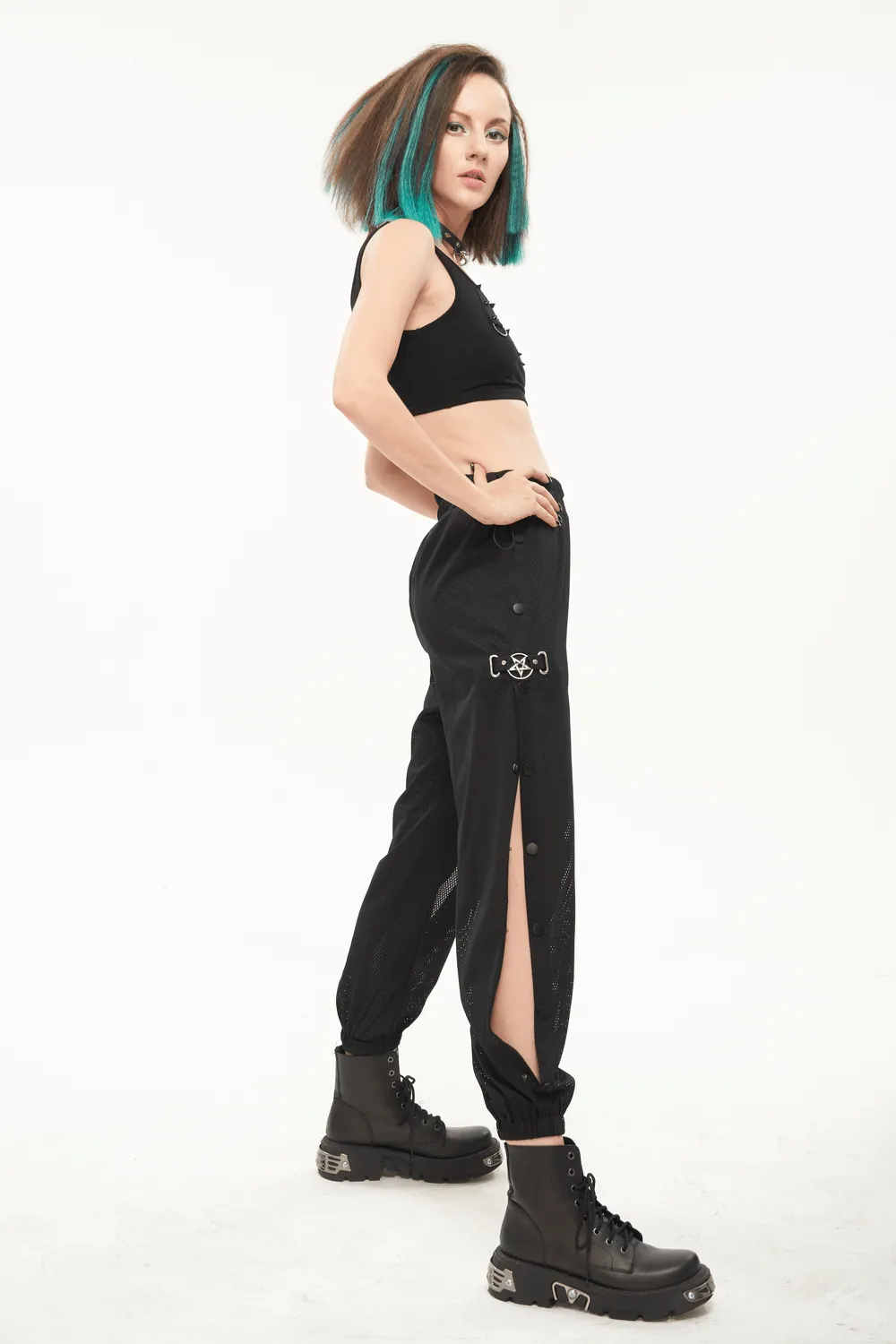 Women's Mesh Buttoned Jogger Pants / Punk Side Openings Wide Trousers