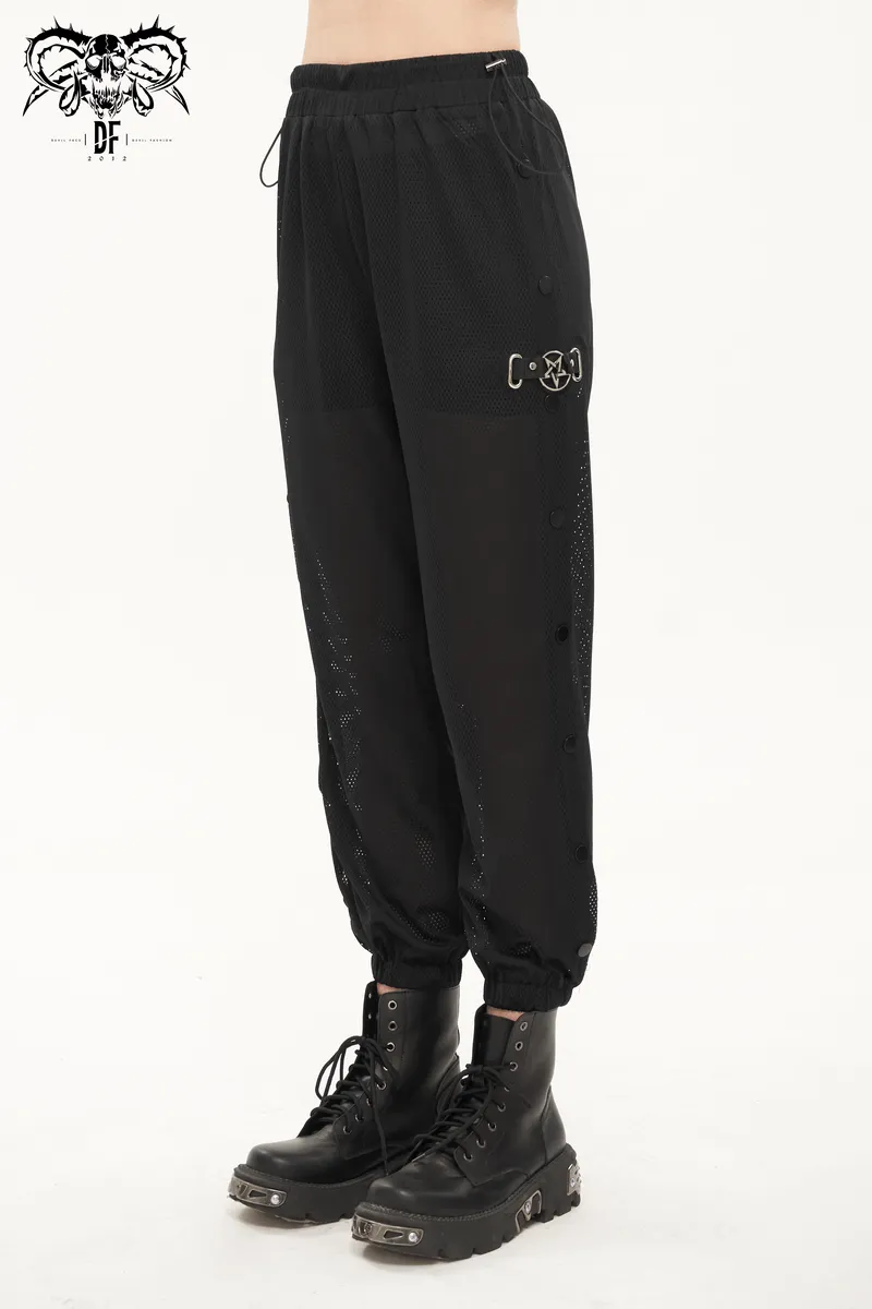 Women's Mesh Buttoned Jogger Pants / Punk Side Openings Wide Trousers