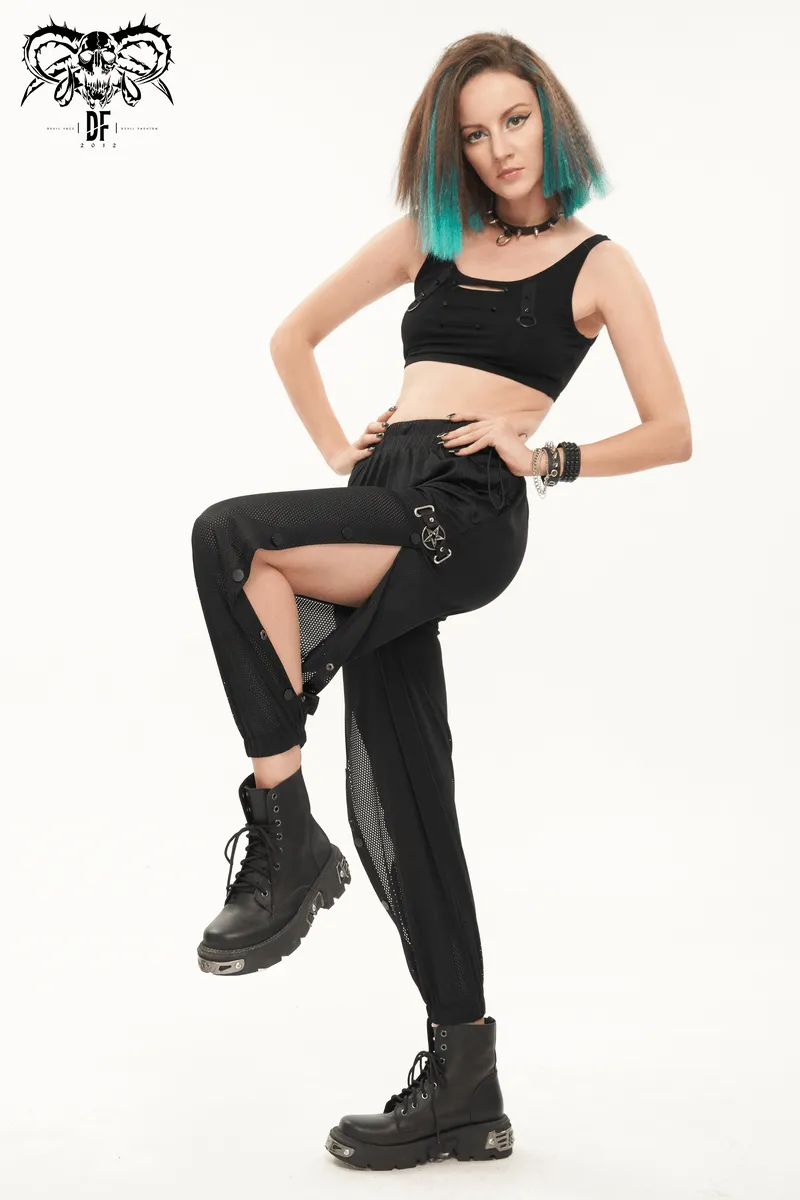 Women's Mesh Buttoned Jogger Pants / Punk Side Openings Wide Trousers