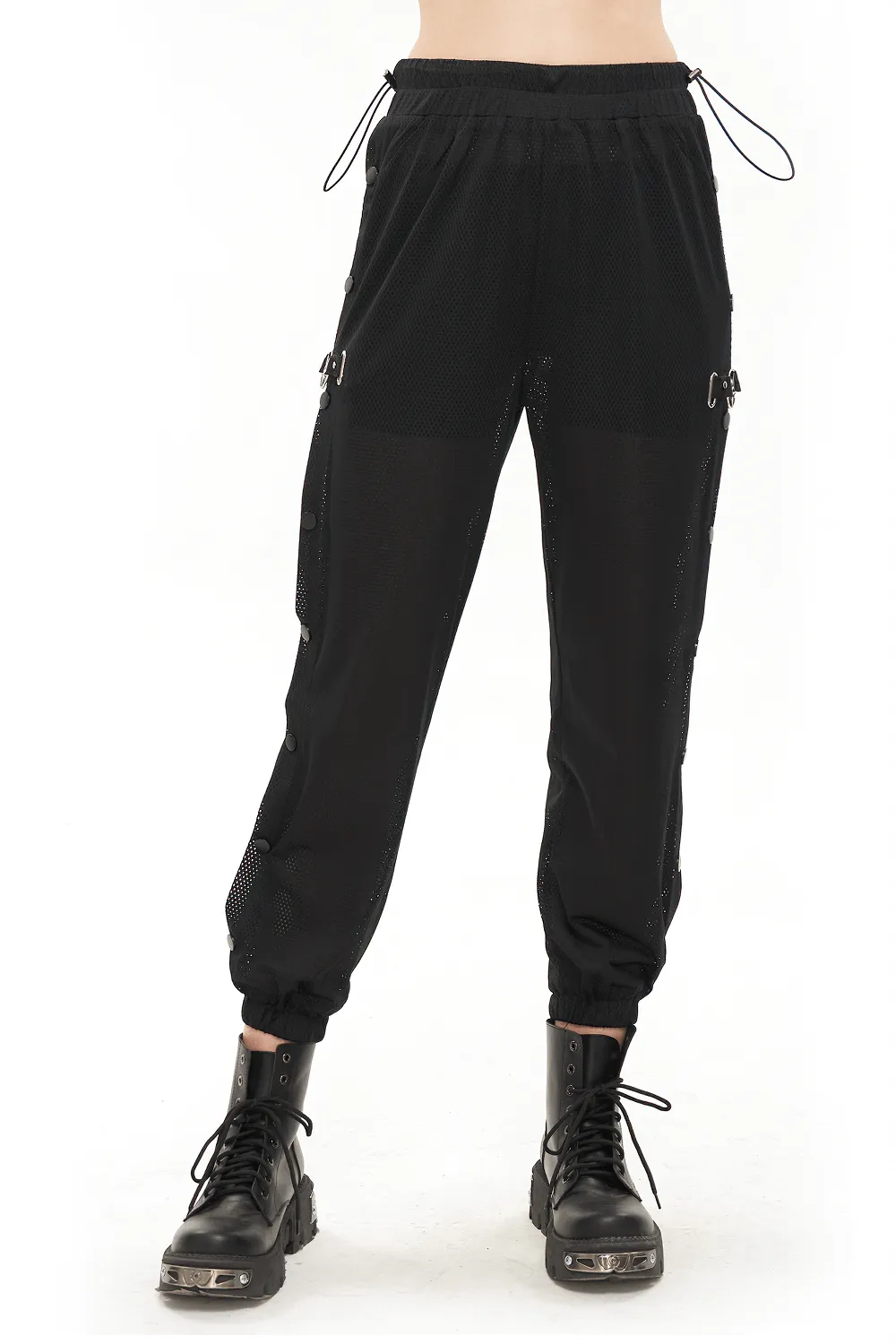 Women's Mesh Buttoned Jogger Pants / Punk Side Openings Wide Trousers