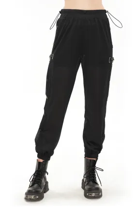 Women's Mesh Buttoned Jogger Pants / Punk Side Openings Wide Trousers