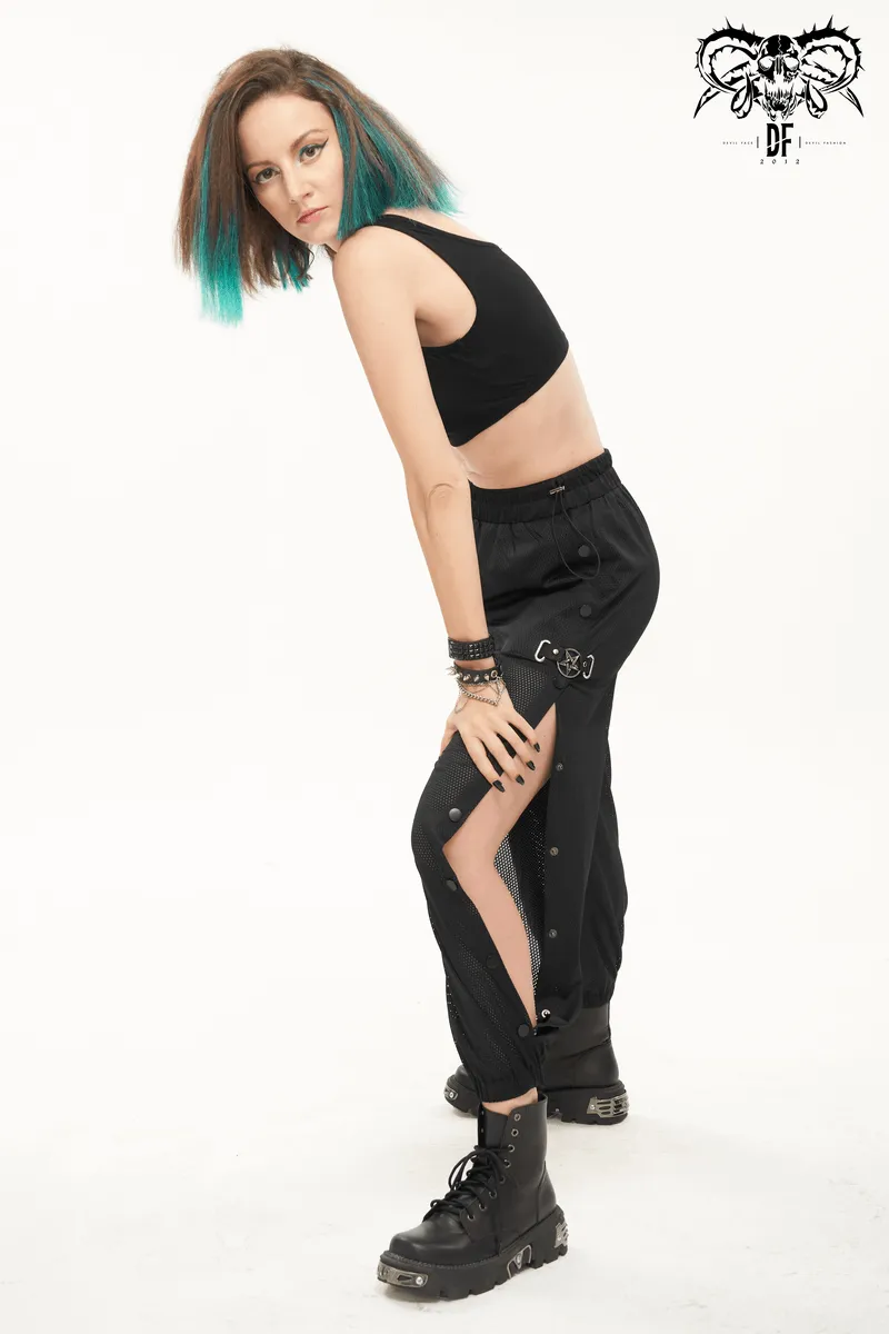 Women's Mesh Buttoned Jogger Pants / Punk Side Openings Wide Trousers