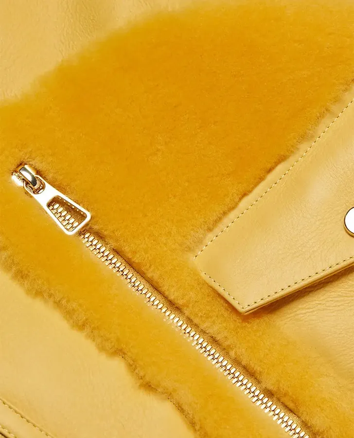 Women's Yellow Shearling Trimmed Leather Moto Jacket
